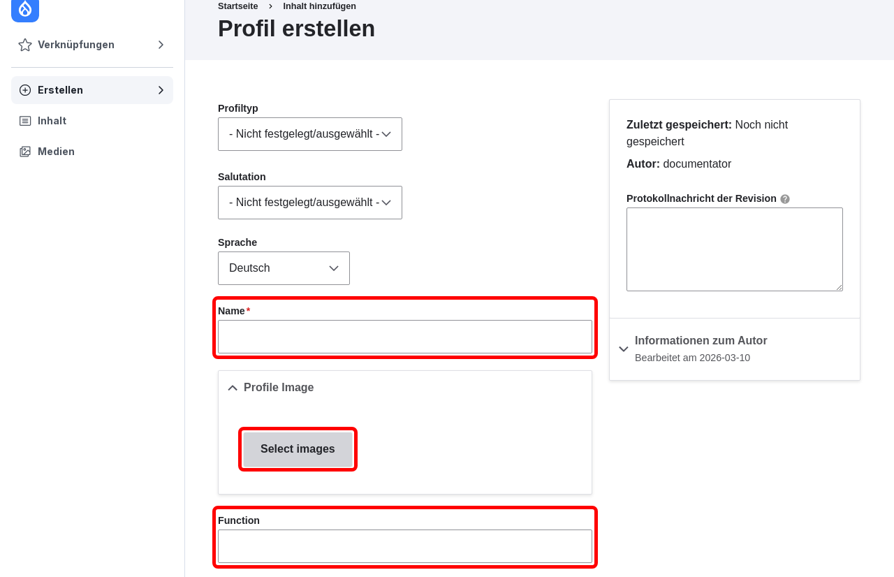 CreateProfile NameImageFunction highlighted