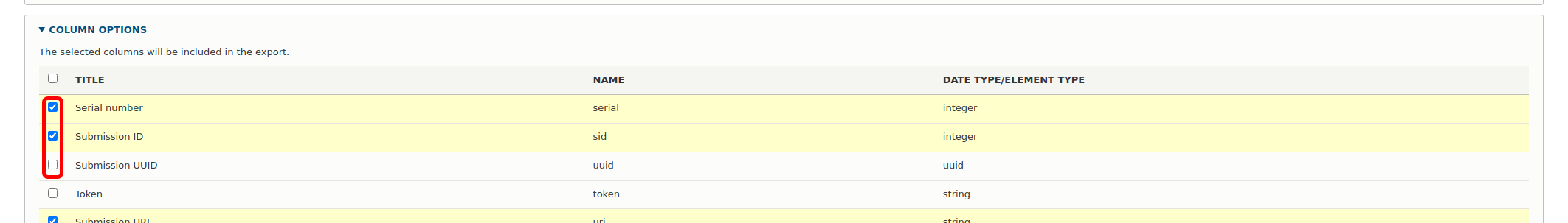 Forms DownloadResults SelectColumns